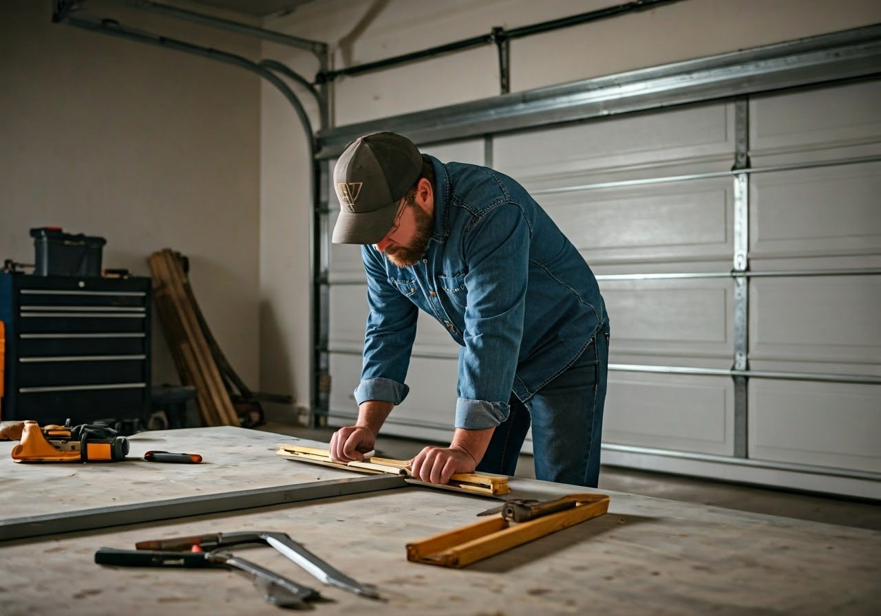 Homeowner checking garage door alignment