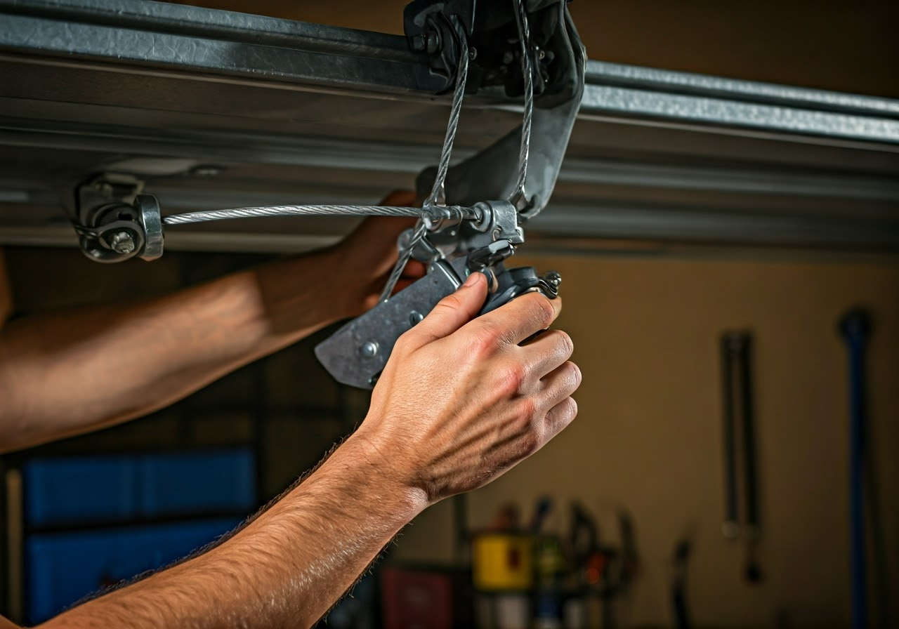 Technician inspecting garage door components