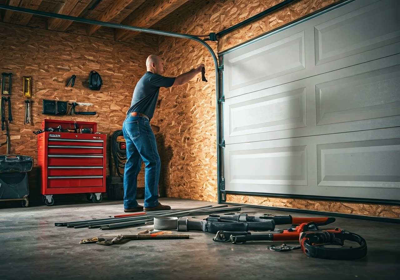 Technician inspecting garage door